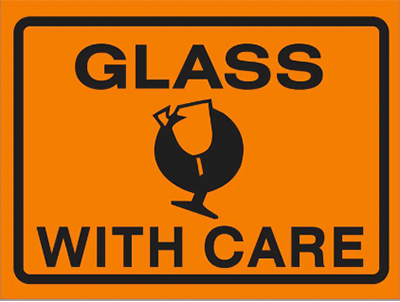 LABEL 'GLASS WITH CARE' 72mm X 100mm FLUORO ORANGE ROLL 500